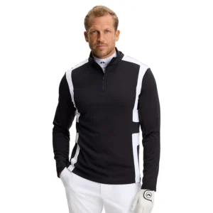 J.Lindeberg Finn Quarter Zip Mid Layer GMJS16157-9999 JL Black zwarte technische golftrui met korte rits en logo