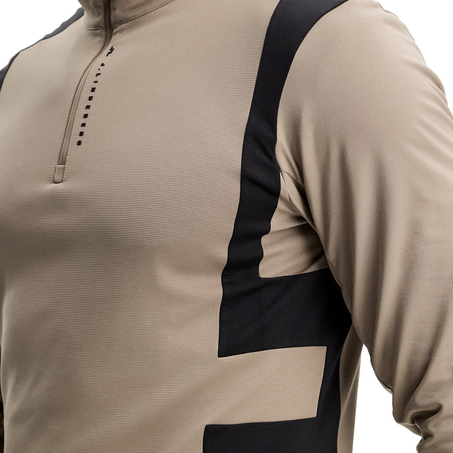 J.Lindeberg Finn Quarter Zip Mid Layer GMJS16157-U144 JL Brindle taupe-grijze technische golftrui met korte rits en logo