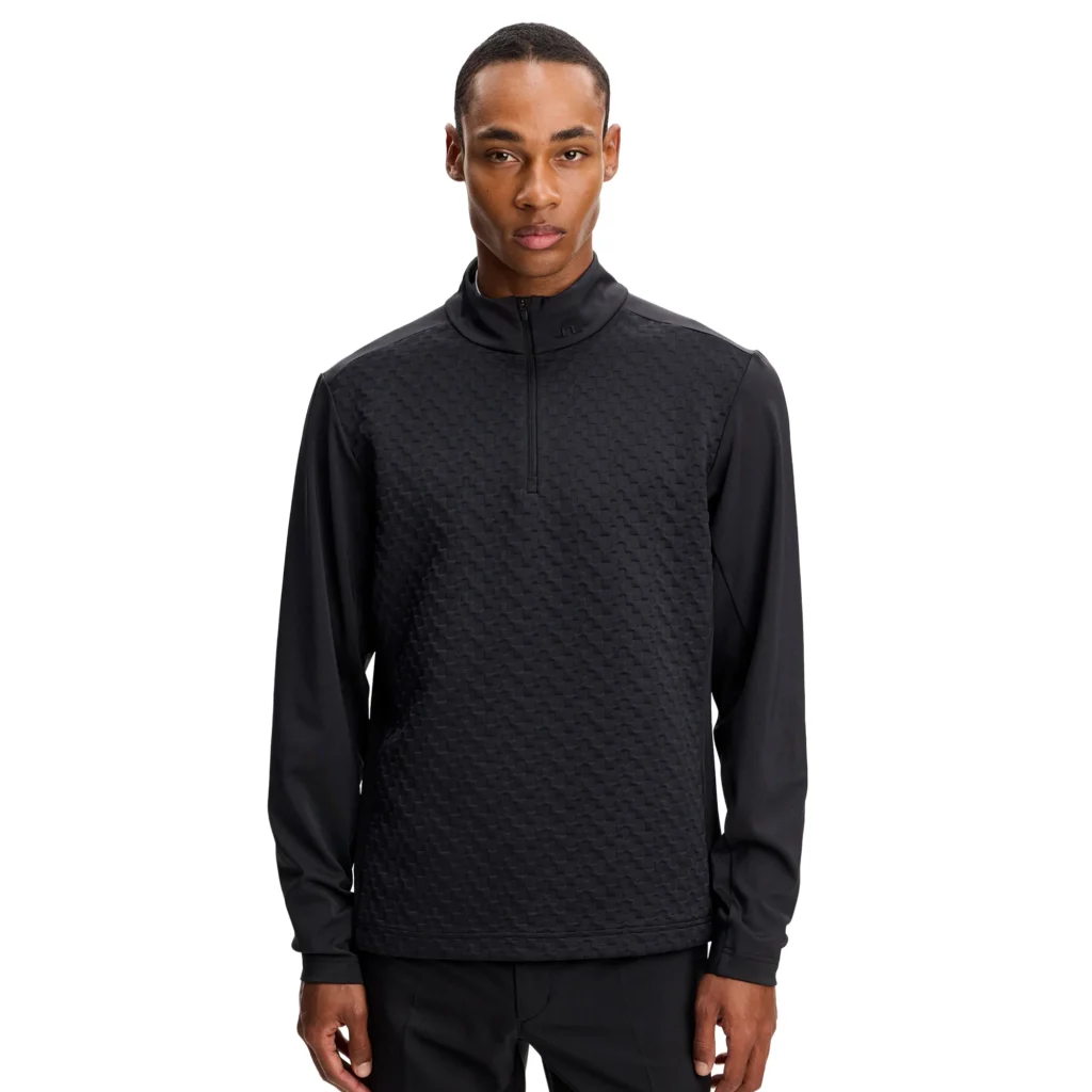 J.Lindeberg Lassy Quarter Zip Mid Layer GMJS16160-9999 JL Black zwarte technische golftrui met korte rits en logo