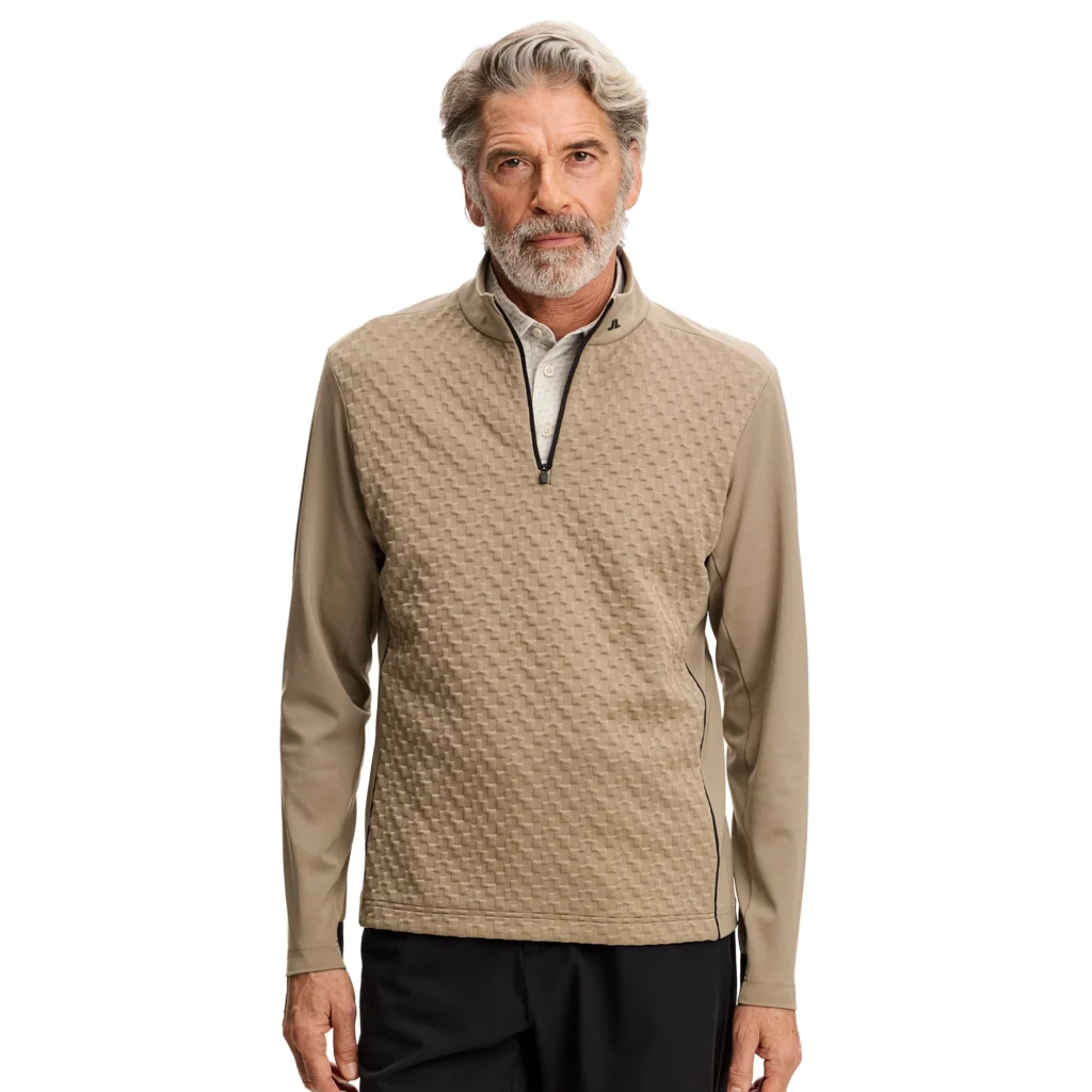 J.Lindeberg Lassy Quarter Zip Mid Layer GMJS16160-U144 JL Brindle taupe-grijze technische golftrui met korte rits en logo