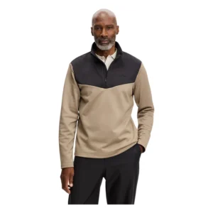 J.Lindeberg Maclean Quarter Zip Mid Layer GMJS17071-U144 JL Brindle taupe-grijze technische golftrui met korte rits en logo