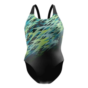 Speedo Hyperboom Placement Muscleback 08694-94006 zwart dames sportbadpak met opvallende Boom-print en open rug
