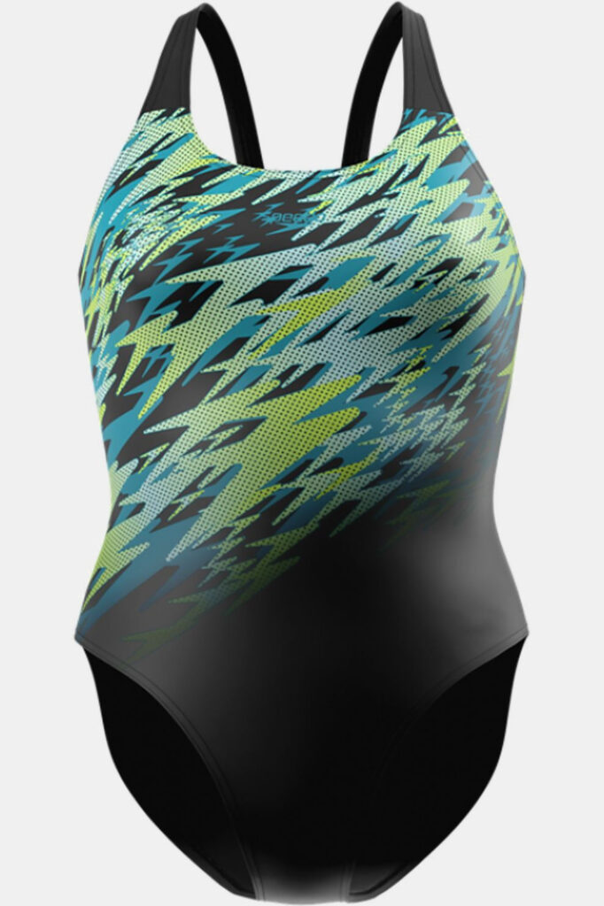 Speedo Hyperboom Placement Muscleback 08694-94006 zwart dames sportbadpak met opvallende Boom-print en open rug
