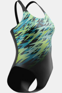 Speedo Hyperboom Placement Muscleback 08694-94006 zwart dames sportbadpak met opvallende Boom-print en open rug