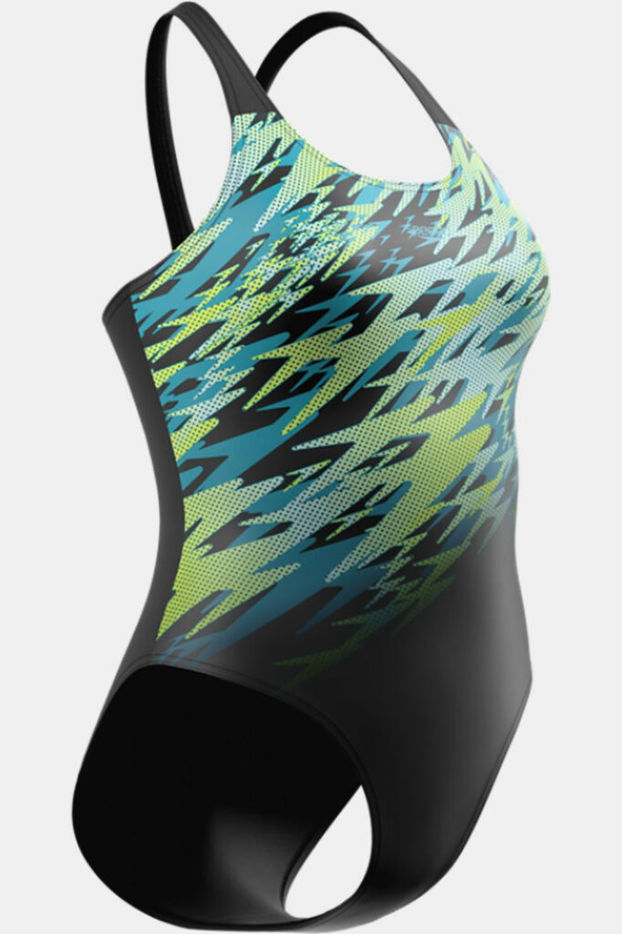 Speedo Hyperboom Placement Muscleback 08694-94006 zwart dames sportbadpak met opvallende Boom-print en open rug