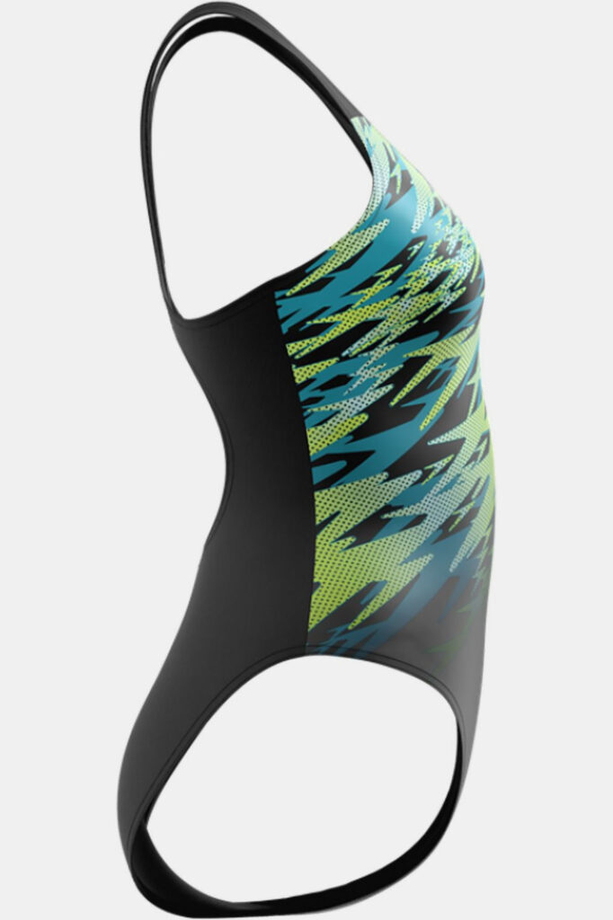 Speedo Hyperboom Placement Muscleback 08694-94006 zwart dames sportbadpak met opvallende Boom-print en open rug