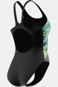 Speedo Hyperboom Placement Muscleback 08694-94006 zwart dames sportbadpak met opvallende Boom-print en open rug