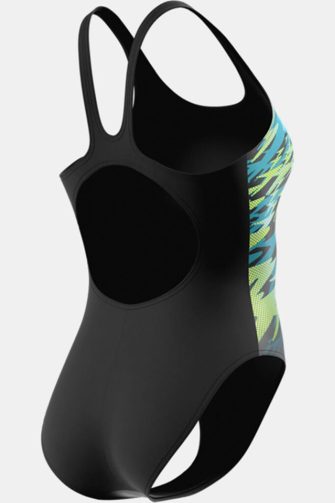 Speedo Hyperboom Placement Muscleback 08694-94006 zwart dames sportbadpak met opvallende Boom-print en open rug