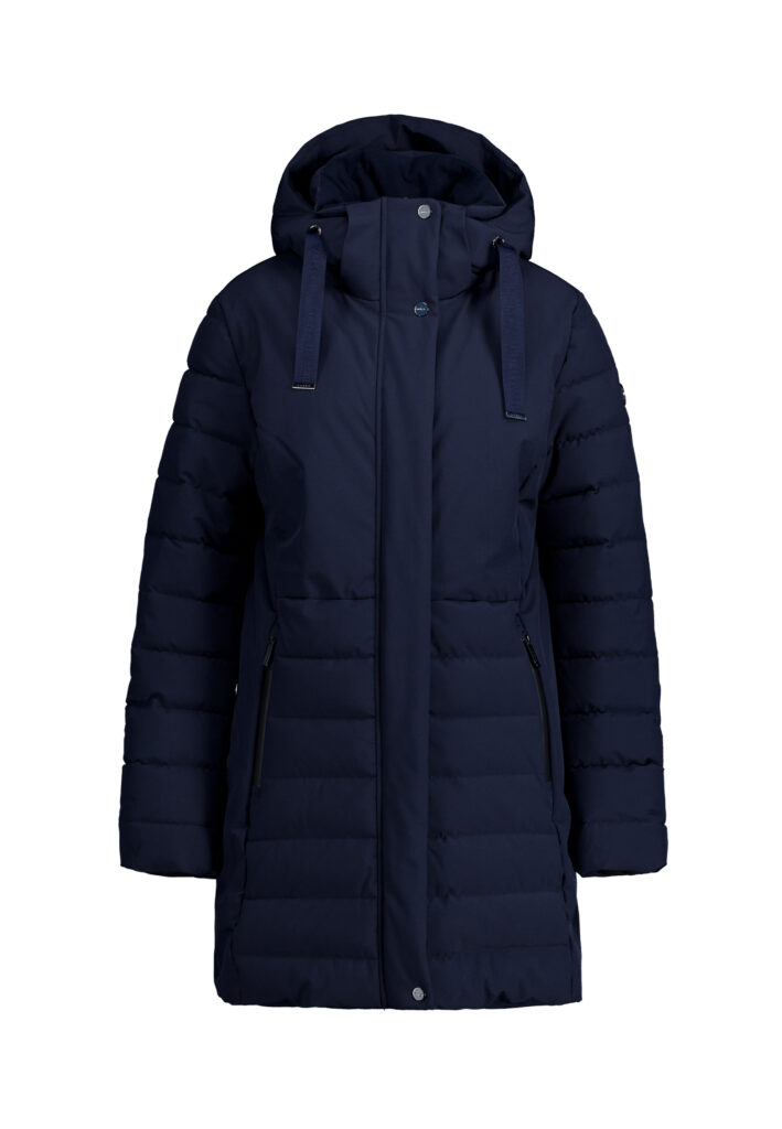 Luhta Haukala 232457364L-390 donkerblauwe damesjas met capuchon en merkdetail