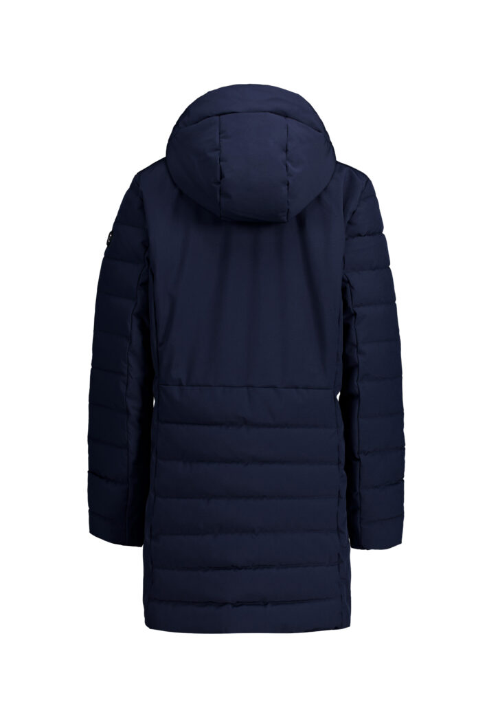 Luhta Haukala 232457364L-390 donkerblauwe damesjas met capuchon en merkdetail