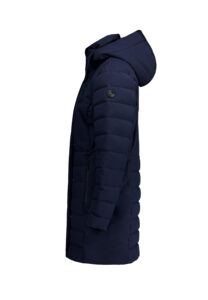Luhta Haukala 232457364L-390 donkerblauwe damesjas met capuchon en merkdetail
