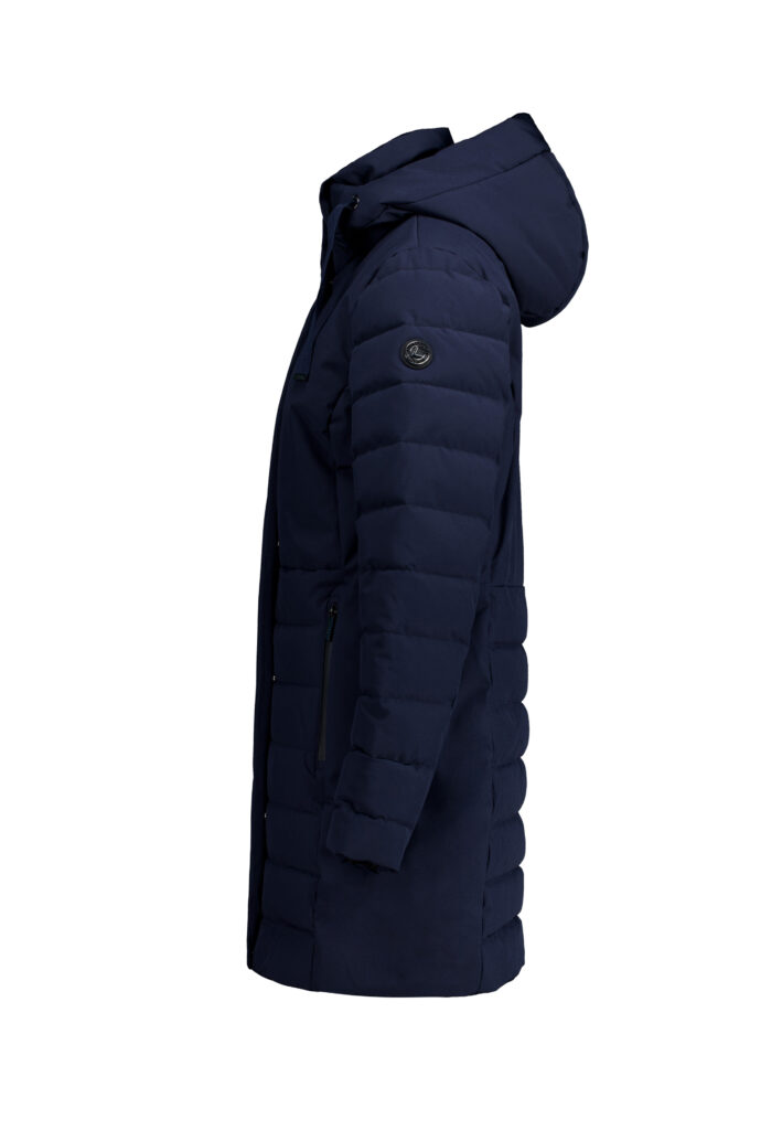 Luhta Haukala 232457364L-390 donkerblauwe damesjas met capuchon en merkdetail
