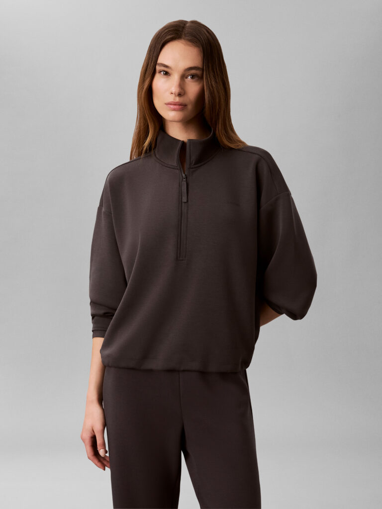 Calvin Klein LVGWF6W302 YZ3 Black Oyster Cupro Knit 1/4 Zip zwarte dames sweater met korte ritssluiting