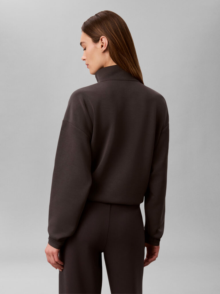 Calvin Klein LVGWF6W302 YZ3 Black Oyster Cupro Knit 1/4 Zip zwarte dames sweater met korte ritssluiting