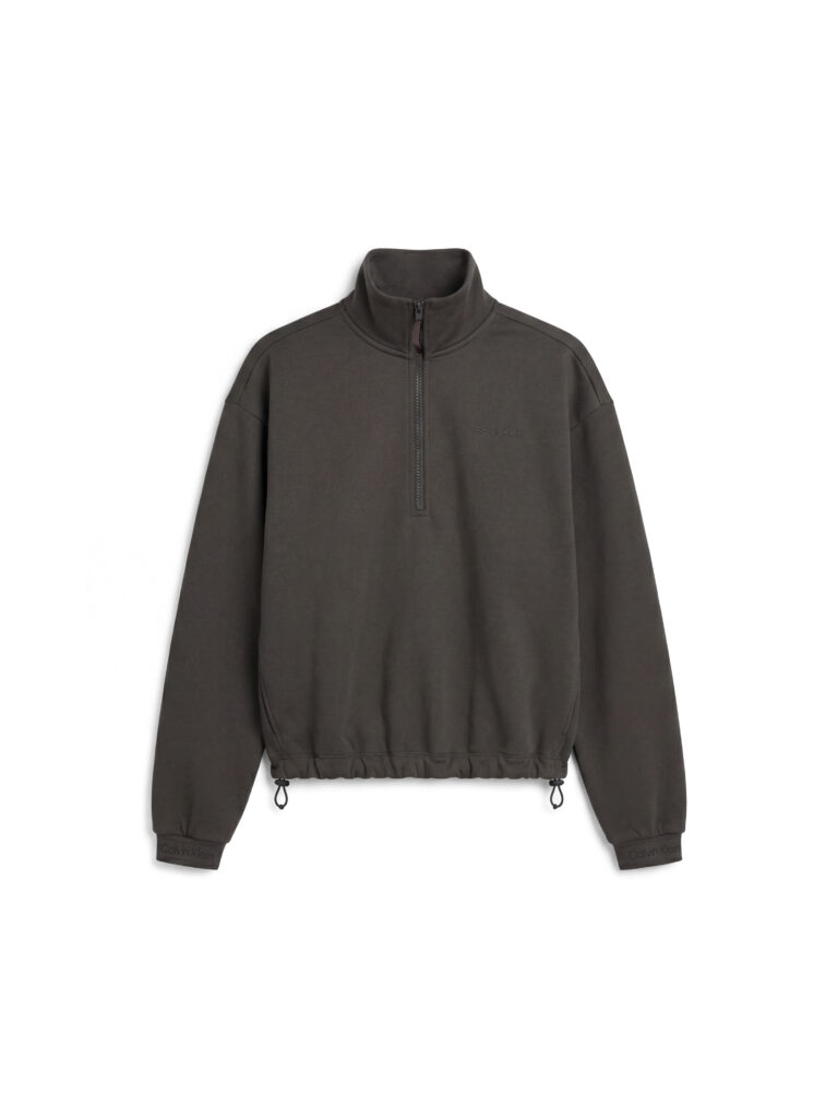 Calvin Klein LVGWF6W302 YZ3 Black Oyster Cupro Knit 1/4 Zip zwarte dames sweater met korte ritssluiting