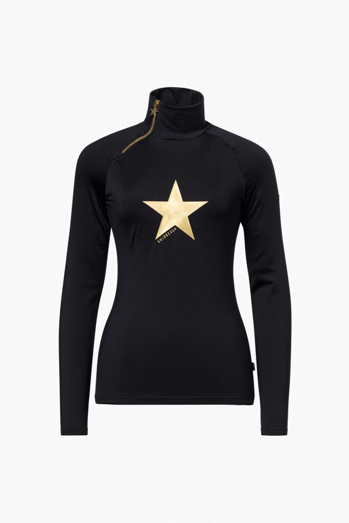 Goldbergh Bright Star Ski-Pully GB300-26-264-9000 Black zwarte dames ski pully met diagonale rits en sterrenprint