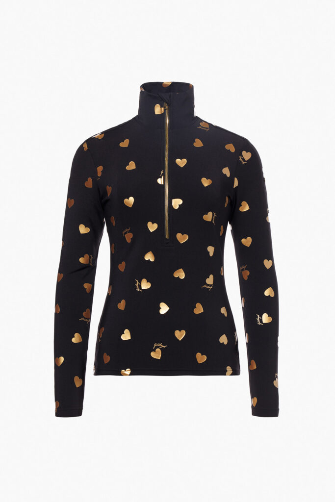 Goldbergh Hartjes Ski-Pully AIMIGB326-20-264-9001 Black/Gold zwarte dames ski pully met gouden hartjesprint
