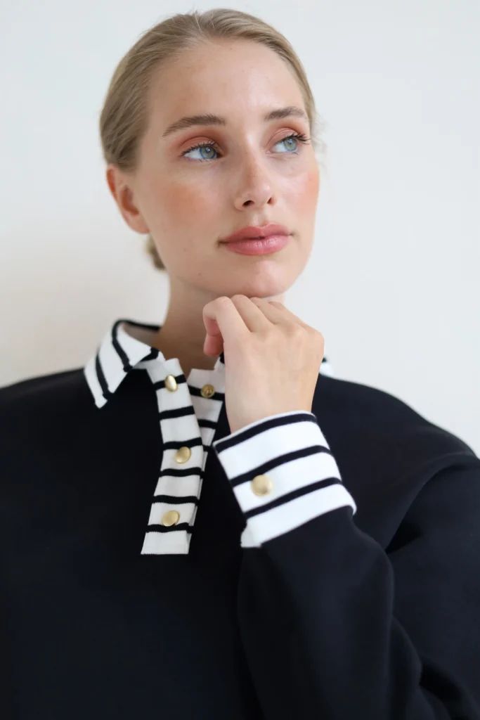 House of Gravity Button Polo Sweater HG-730-2604-1022 Black x White zwarte dames polo trui met knopen