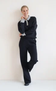 House of Gravity Button Polo Sweater HG-730-2604-1022 Black x White zwarte dames polo trui met knopen