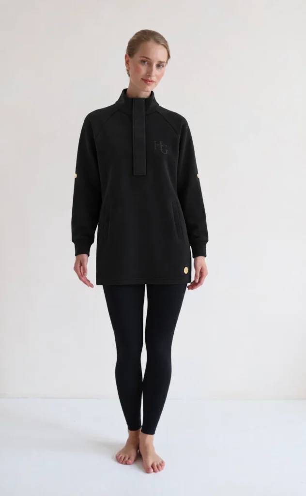 House of Gravity Oversized City Sweater HG-735-2604-1000 Black Sapphire lange dames sweater met goudkleurige rits