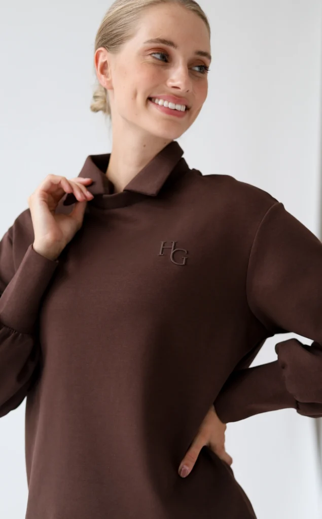 House of Gravity Sweater Cacao Brown HG-726-2604-4201 dames trui met poofmouwen en afneembare kraag