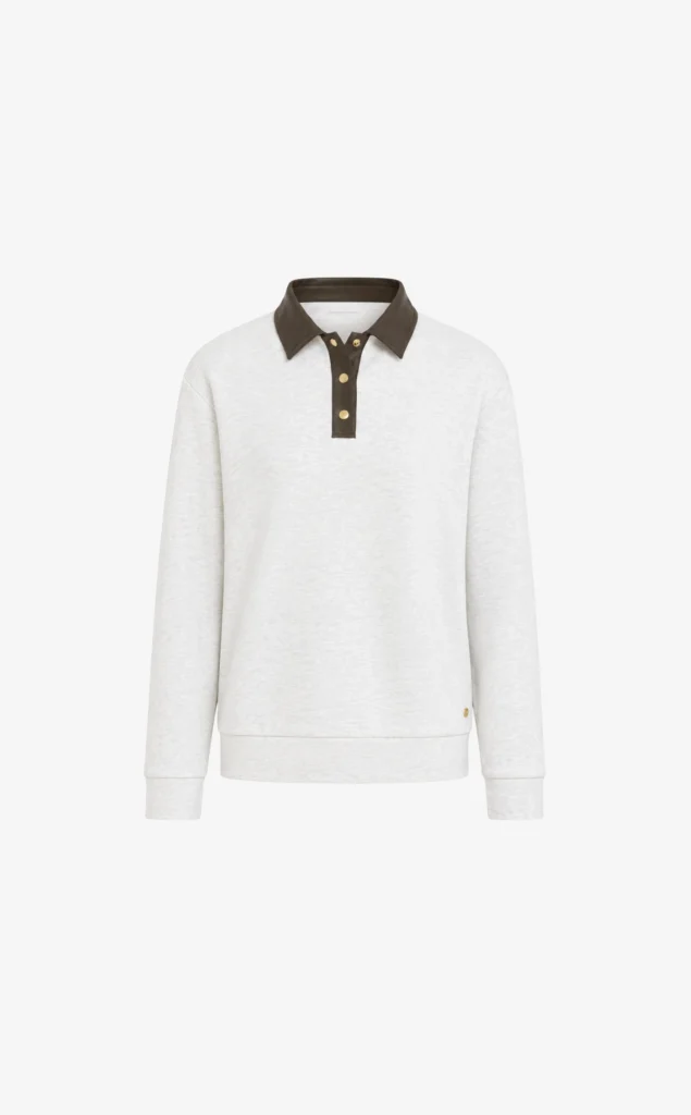 House of Gravity Button Polo Sweater HG-730-2604-1153 Stone Green beige dames polo sweater met groene accenten