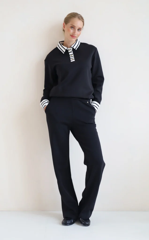 House of Gravity Button Polo Sweater HG-730-2604-1022 Black x White zwarte dames polo trui met knopen