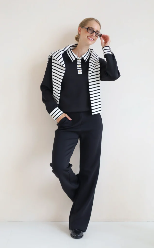 House of Gravity Button Polo Sweater HG-730-2604-1022 Black x White zwarte dames polo trui met knopen