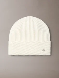 Calvin klein lv04f8118gacg metal wool slanted beanie light hay beige muts wol metallic logo