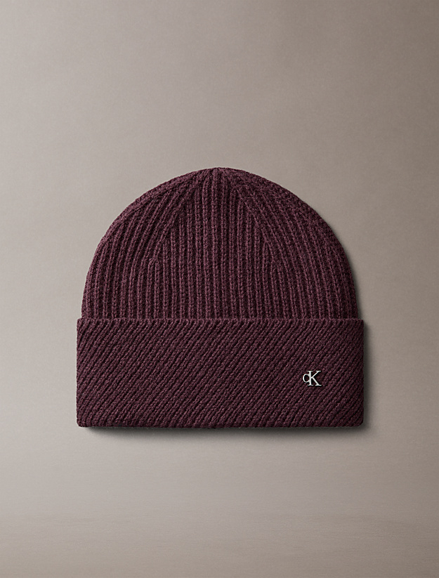 Calvin klein lv04f8118gbap metal wool slanted beanie fudge bruin muts wol metallic logo