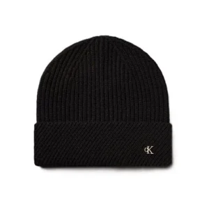 Calvin klein lv04f8118gub1 metal wool slanted beanie black muts zwart wol metallic logo