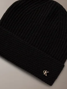 Calvin klein lv04f8118gub1 metal wool slanted beanie black muts zwart wol metallic logo